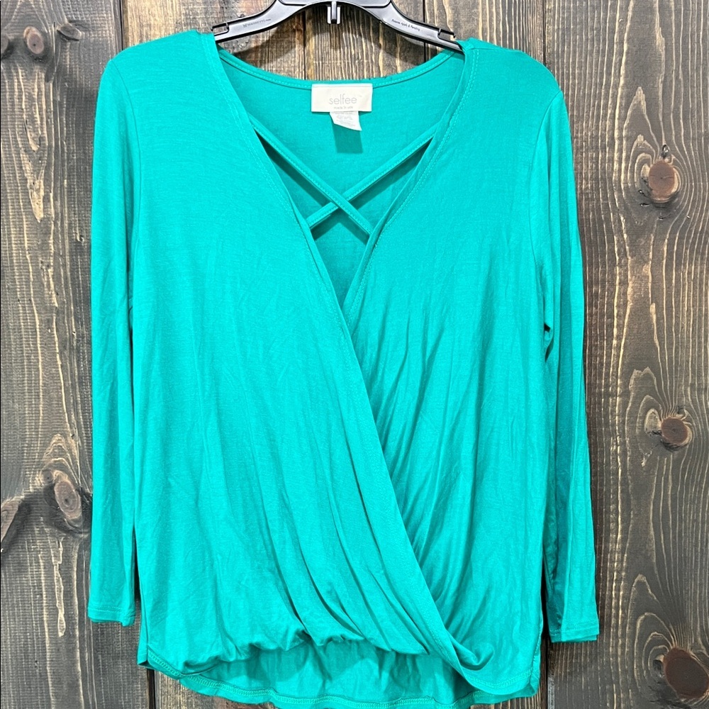 NWOT Selfee Surplice Top S M L Teal Criss Cross‎ Flowy Boho Casual Basic Capsule